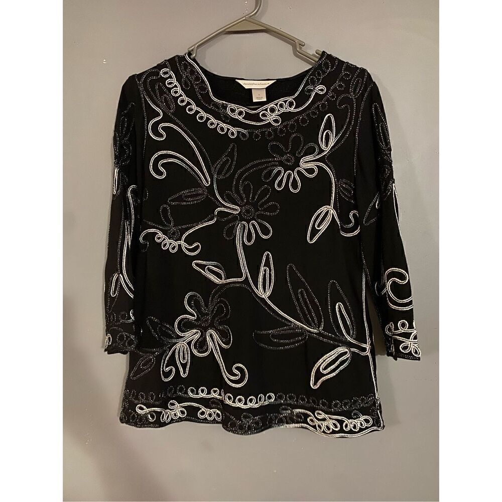 Christopher&Banks Black Sparkle Embroidered Scalloped Hem 3/4 Sleeve Top S